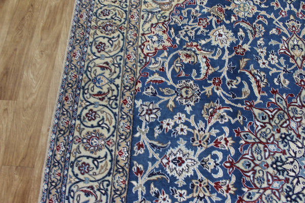 Persian Nain Wool & Silk Rug 244 × 192 cm – Hand-Knotted Blue Medallion Carpet