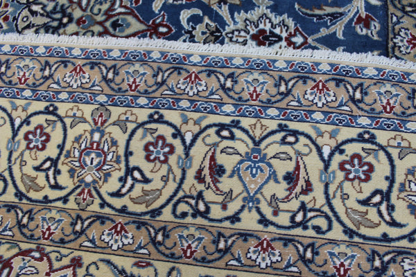 Persian Nain Wool & Silk Rug 244 × 192 cm – Hand-Knotted Blue Medallion Carpet