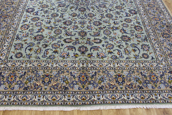 Large Persian Kashan Carpet 360 × 277 cm – Hand-Knotted Wool Pale Green Rug