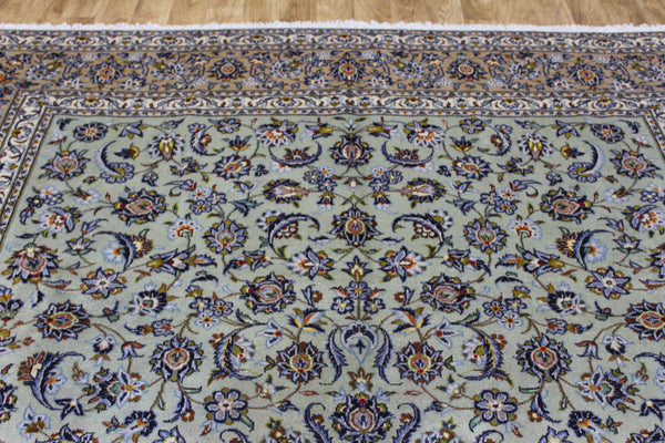 Large Persian Kashan Carpet 360 × 277 cm – Hand-Knotted Wool Pale Green Rug