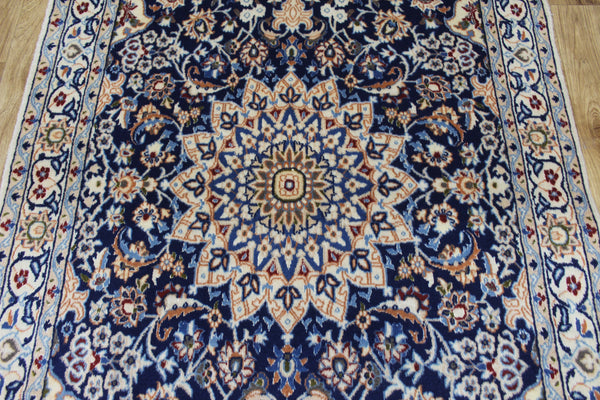 HAND KNOTTED PERSIAN NAIN BLUE RUG WOOL AND SILK 195 X 122 CM