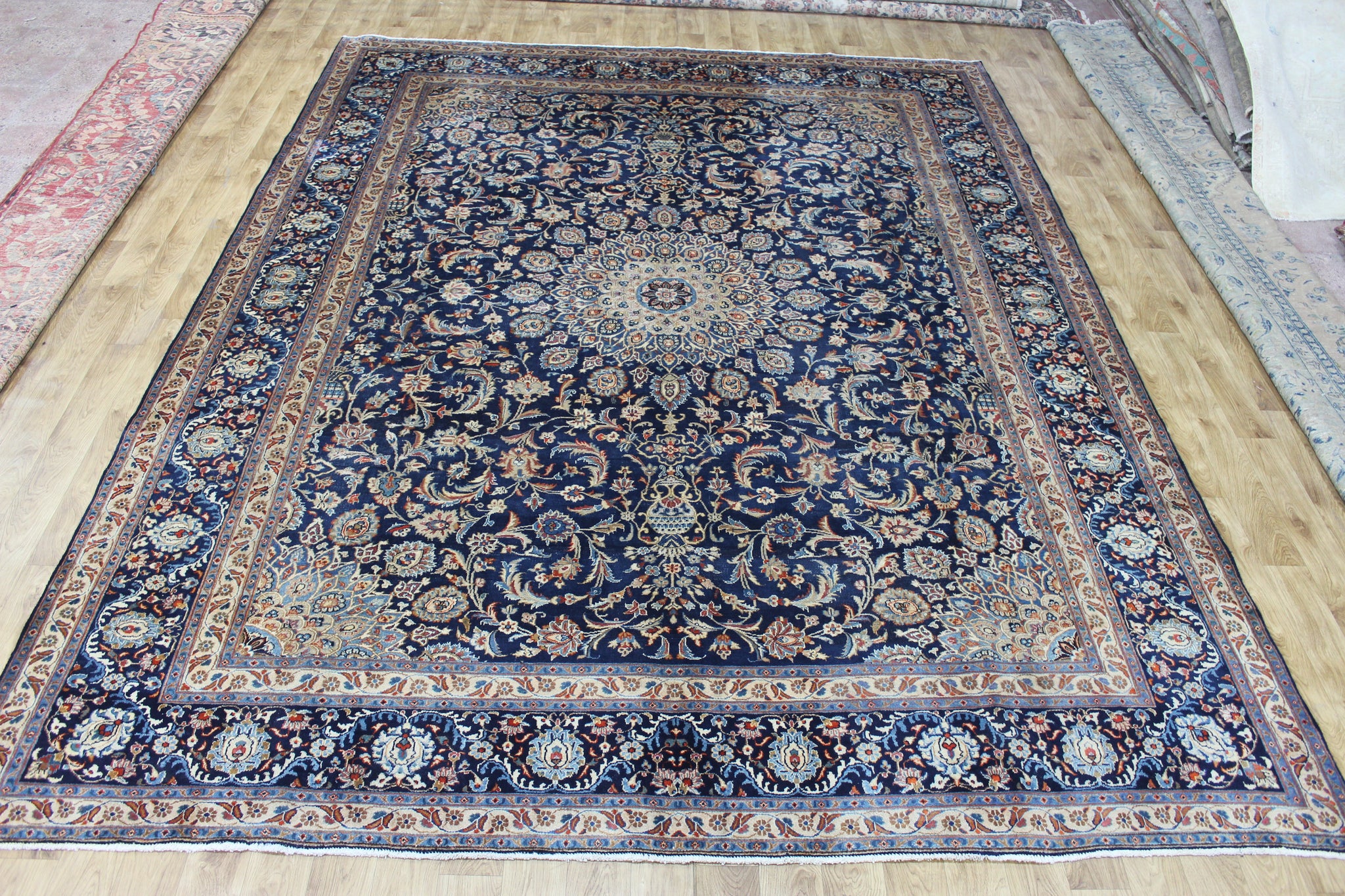 ANTIQUE PERSIAN MASHAD BLUE CARPET OF FLORAL DESIGN 385 X 300 CM