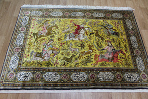 One of a Kind Master Piece Persian Qum Silk Rug, with Hunting Design 160 x 115 cm