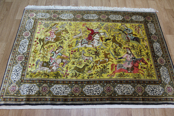 One of a Kind Master Piece Persian Qum Silk Rug, with Hunting Design 160 x 115 cm