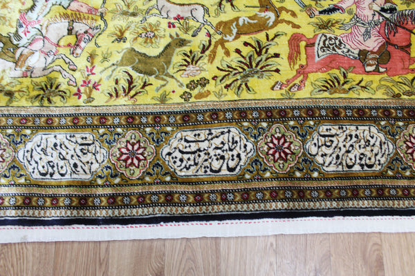 One of a Kind Master Piece Persian Qum Silk Rug, with Hunting Design 160 x 115 cm