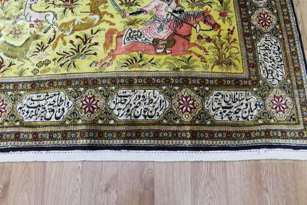 One of a Kind Master Piece Persian Qum Silk Rug, with Hunting Design 160 x 115 cm