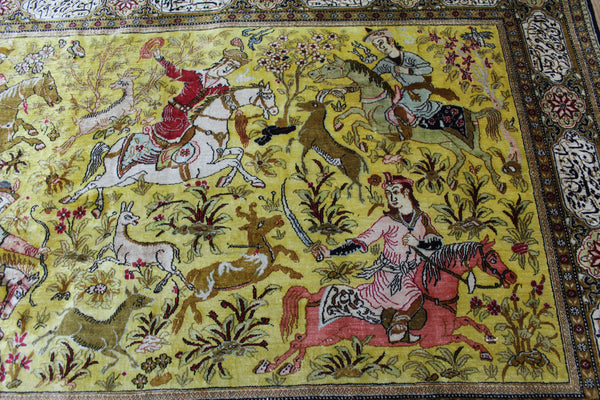 One of a Kind Master Piece Persian Qum Silk Rug, with Hunting Design 160 x 115 cm