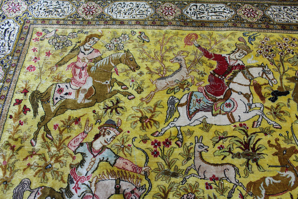 One of a Kind Master Piece Persian Qum Silk Rug, with Hunting Design 160 x 115 cm