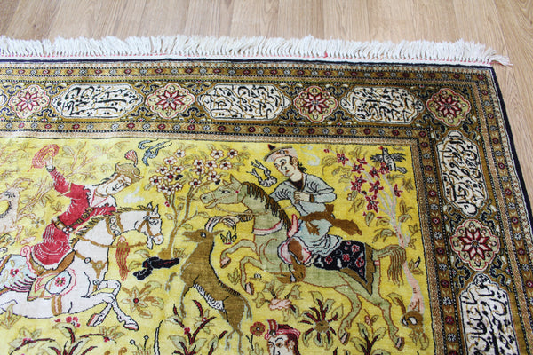 One of a Kind Master Piece Persian Qum Silk Rug, with Hunting Design 160 x 115 cm