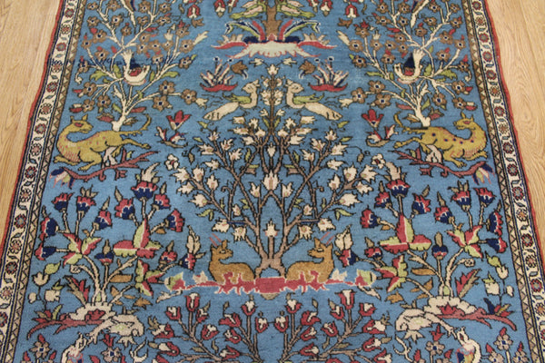 ANTIQUE PERSIAN QUM RUG, HUNTING DESIGN 207 X 110 CM