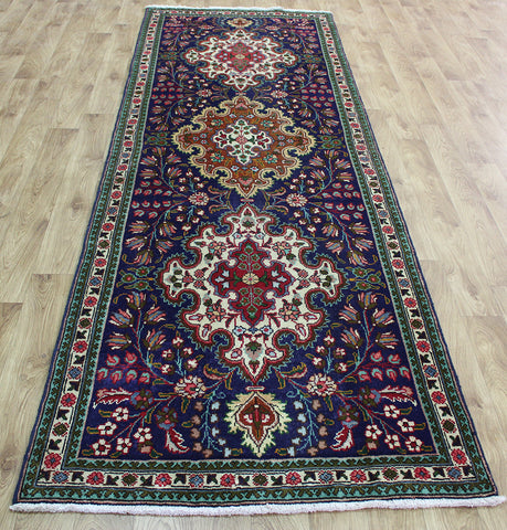 OLD HANDMADE PERSIAN TABRIZ BLUE RUNNER 300 X 103 CM