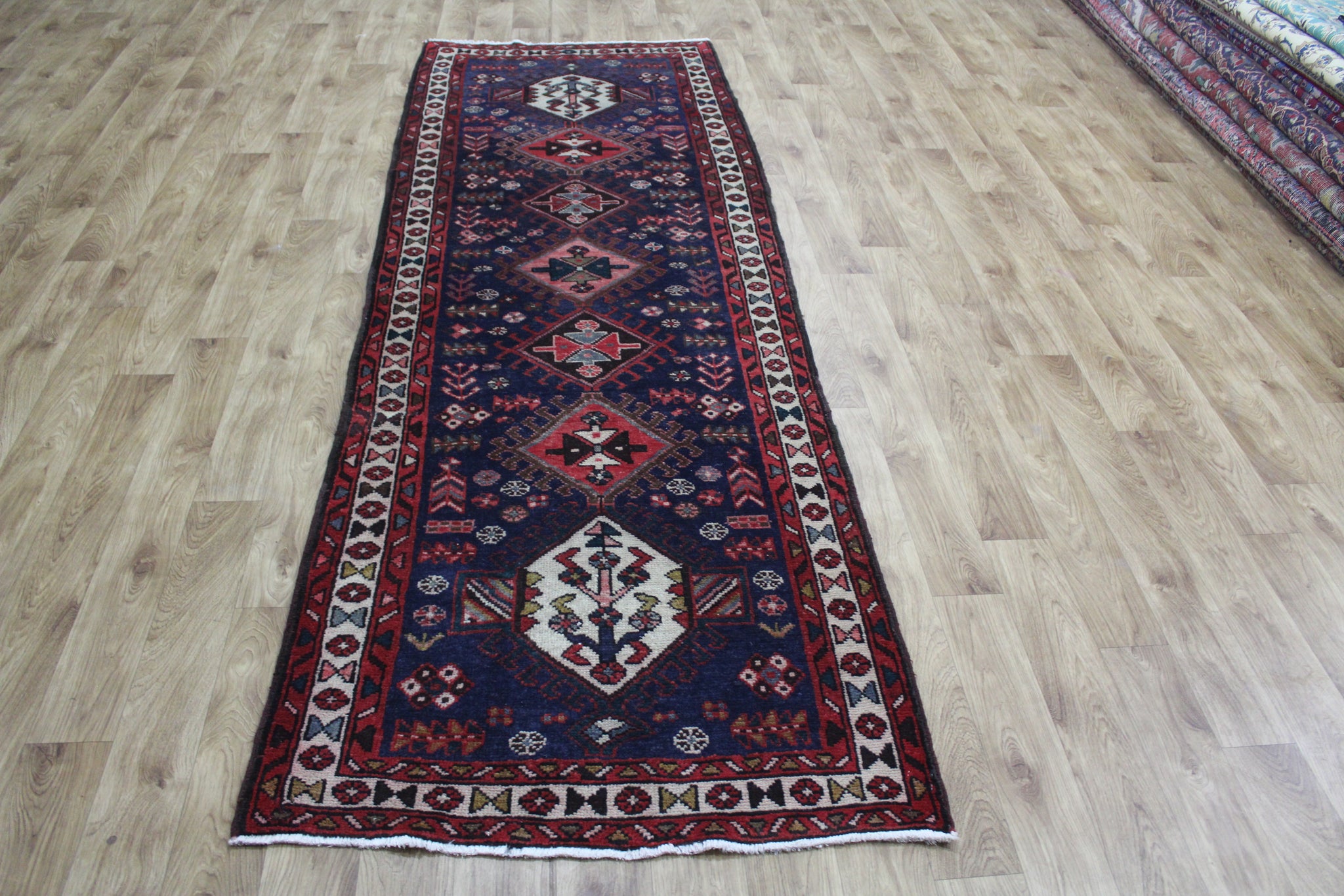 OLD HANDMADE PERSIAN KARAJEH BLUE RUNNER 290 x 97 CM