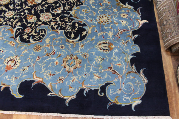 SIGNED PERSIAN KASHAN CARPET BLUE AND GOLD FLORAL DESIGN 402 X 315 CM