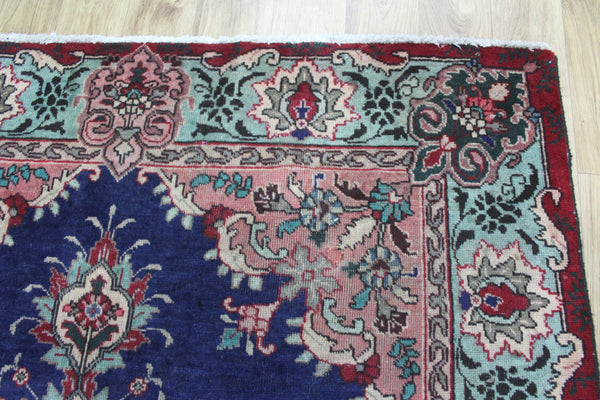 Old Handmade Persian Tabriz Blue Rug Floral Design 190 x 140 cm
